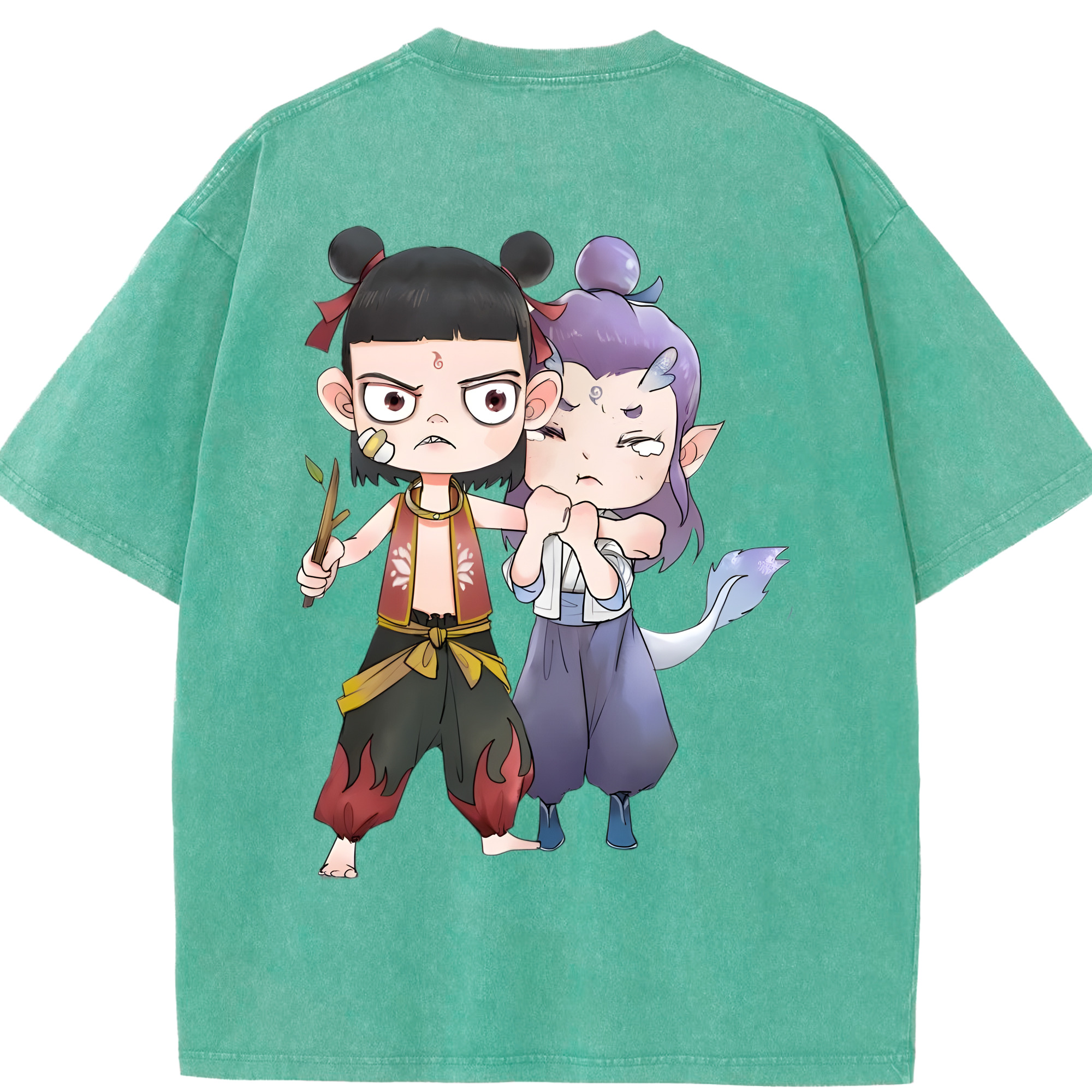 （画像用） Ne Zha 2 ナタ 魔童の大暴れ 綿100% ヴィンテージ風 半袖Tシャツ（背面プリント）